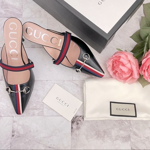 🆕 Authentic GUCCI Black Leather Striped Mules (SZ 37.5, US 7.5) - Picture 1 of 13